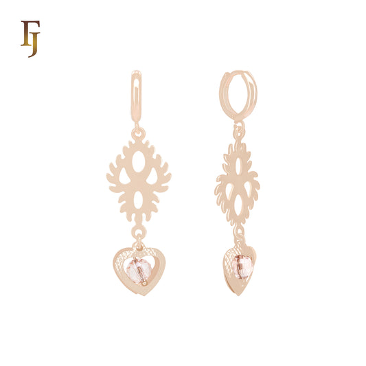 Fancy leaves of heart solitaire white CZ Rose Gold Huggie Earrings