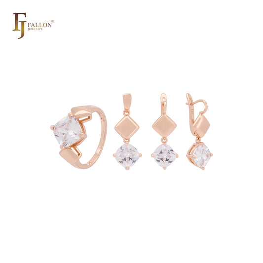 Conjunto de joyas de oro rosa con solitario de circonita blanca de talla cojín y rombos, anillos y colgante