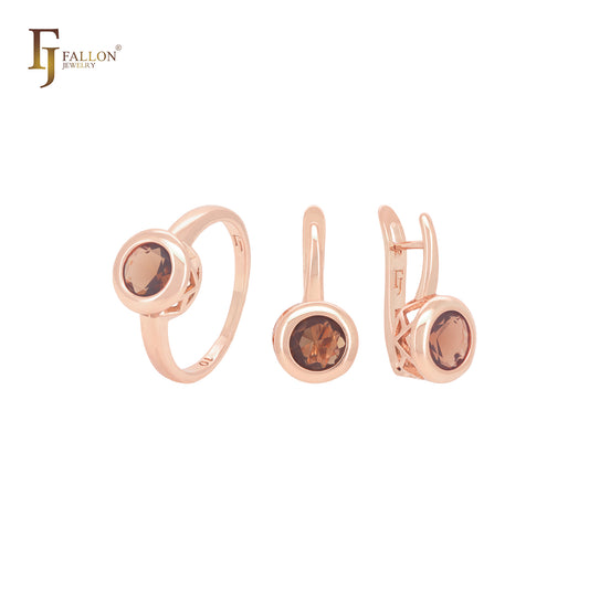 Elegante conjunto de joyas de oro rosa con circonitas cúbicas color café solitario y anillos