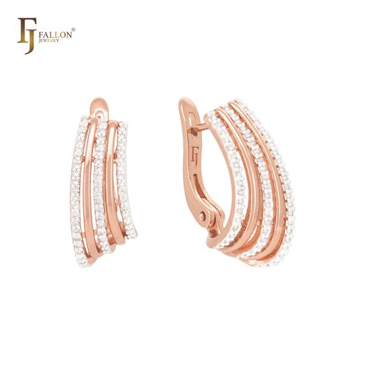 Geometric Five rows of white CZs Rose Gold two tone Russian Lock Earrings