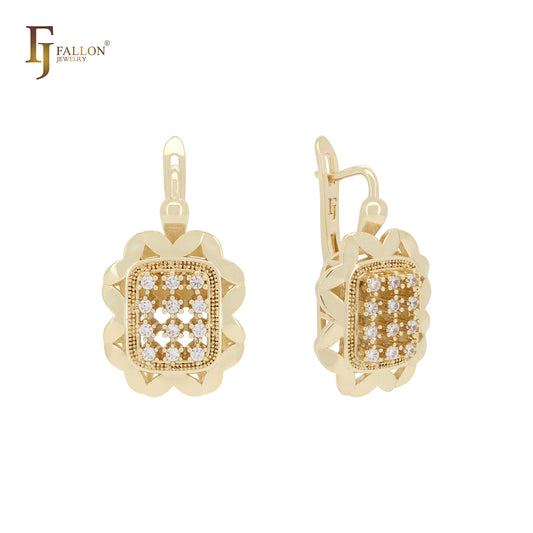 Cluster luxurious of white CZs 14K Gold Russian Lock Earrings