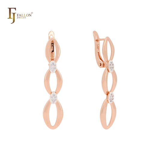 Triple Marquise link with white CZs Rose Gold two tone Russian Lock Earrings