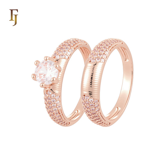 Great Five rows cluster white CZs paved 14K Gold, Rose Gold Wedding Set Rings Engagement and Band