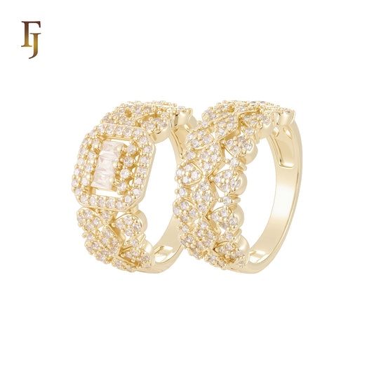 Luxurious thousand white CZs clover cluster 14K Gold Wedding Set Rings