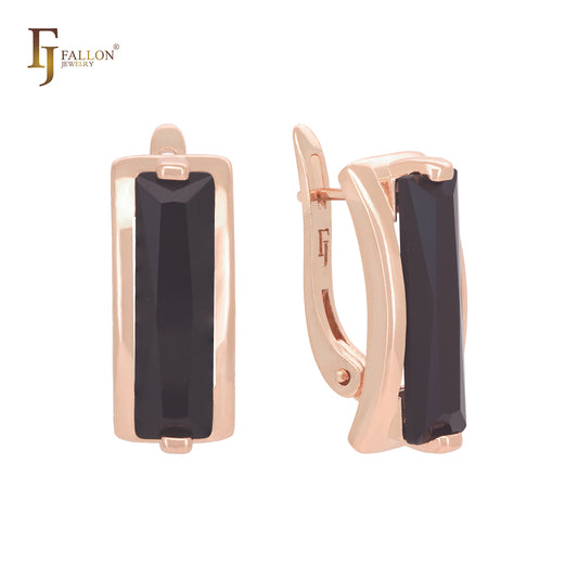 Solitaire oblong black emerald CZ Rose Gold Russian Lock Earrings