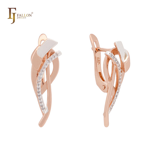 Ribbons of slahes White CZs ROse Gold two tone Russian Lock Earrings