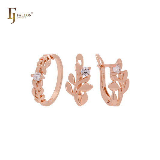 Conjunto de joyas de oro rosa con solitario de circonita blanca y anillos en forma de rama floreciente