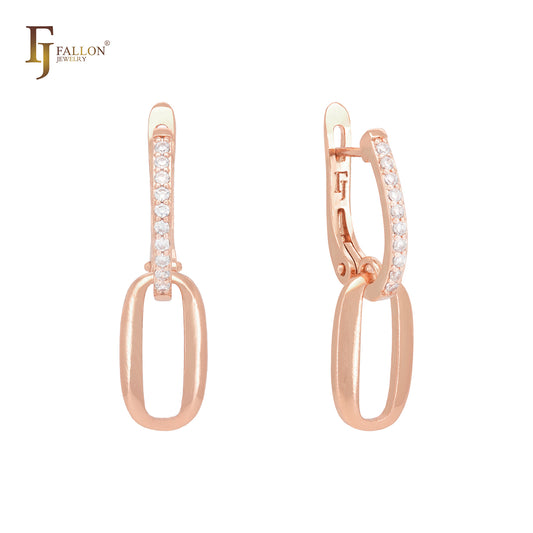 Rounded oblong paperclip of white CZs Rose Gold Russian Lock Earrings