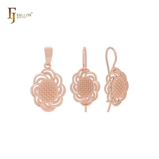 Conjunto de joyas de oro rosa con textura de flor de malla giratoria y colgante