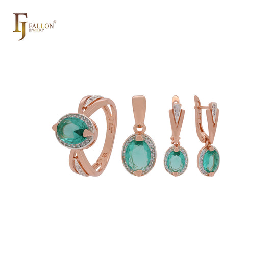 Conjunto de joias Halo gigante oval verde-maçã com zircônia cúbica branca e zircônias cúbicas em ouro rosa, dois tons, com anéis e pingente