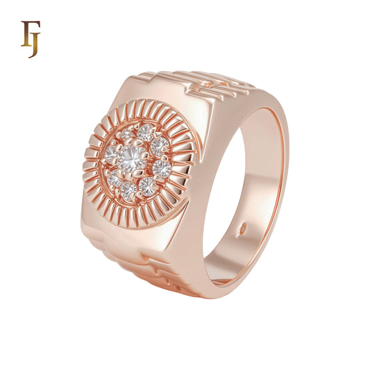 Rounded Circle White CZs Rose Gold Signet Men's Rings