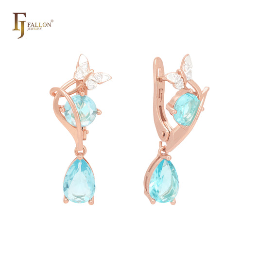 Butterfly with Lake Blue CZs Rose Gold Russian Lock Earrings