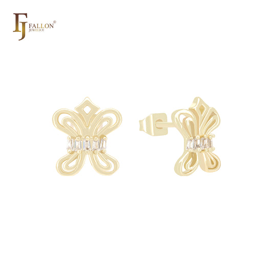 Pendientes de oro de 14 quilates con circonitas blancas y corona de baguette