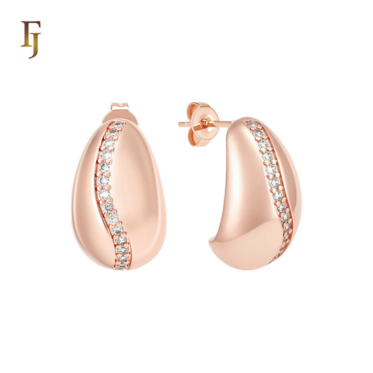 Curved white CZs paved peanut 14K Gold Stud Earrings