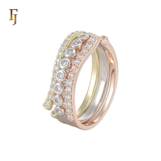 Tricolor band ribbons crossing white CZs 14K Gold, ROse Gold and White Gold Fashion Rings