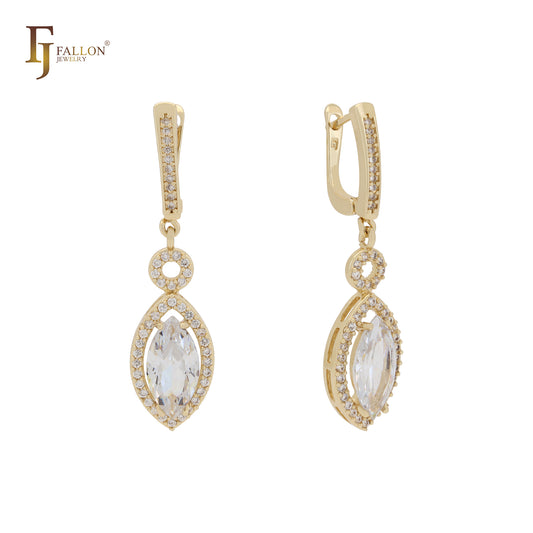 Luxurious Marquise solitaire CZ halo white CZs 14K Gold, Rose Gold Russian Lock Earrings
