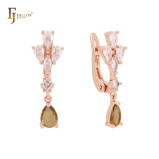 Pear shape cluster coffee CZs Rose Gold Russian Lock Earrings