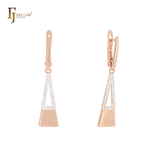 Double Triangular pendulum of white CZs Rose Gold Russian Lock Earrings