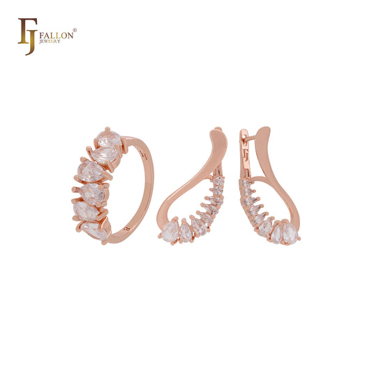 Conjunto de joias luxuosas em ouro rosa com zircônias cúbicas brancas e anéis alternativos