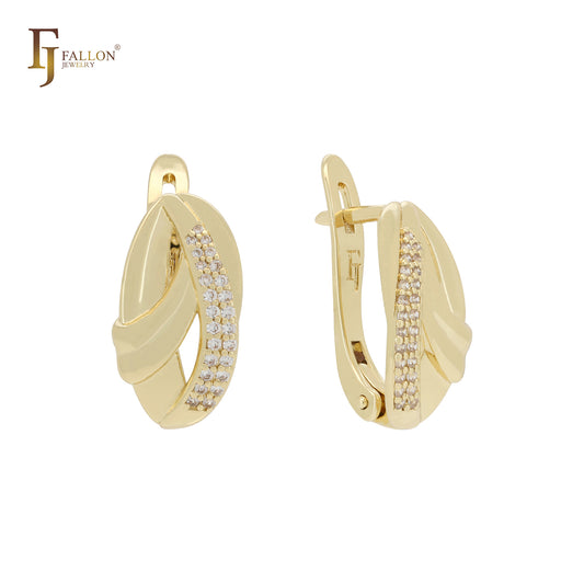 Ribbons overlapped cluster white CZs 14K Gold, Rose Gold two tone Russian Lock Earrings