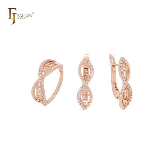 Conjunto de joyas de oro rosa con circonitas blancas y cruce de marquesa con llave griega y anillos