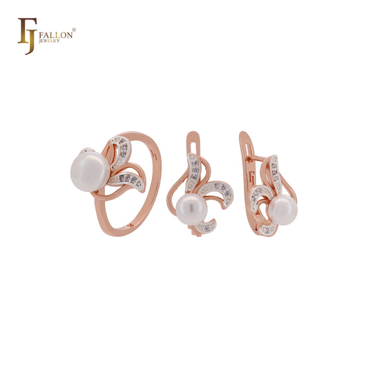 Conjunto de joyas de oro rosa de dos tonos con perla de flor voladora y circonitas blancas y anillos.