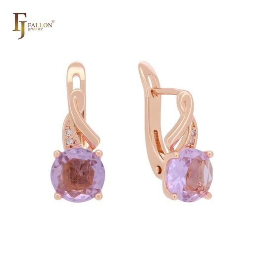 Solitaire rounded CZ 14K Gold, Rose Gold Russian Lock earrings