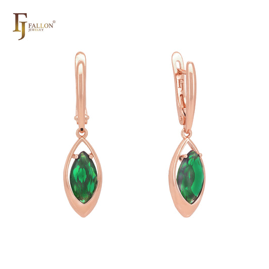 Marquise Green CZ drop solitaire Rose Gold Russian Lock Earrings