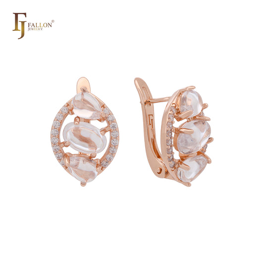 Triple Opaque Rounded CZs Rose Gold Russian Lock Earrings`