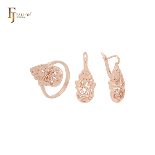 Conjunto de joias com zircônias cúbicas brancas em formato de cacho de abacaxi, ouro 14K e ouro rosa, com anéis