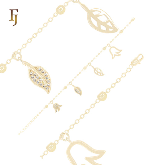 Gold Plated Leaf and Flower Charm Bracelet – Nature Inspired CZ Dangle Jewelry for Women | Elegant Gift by FJ Jewelry