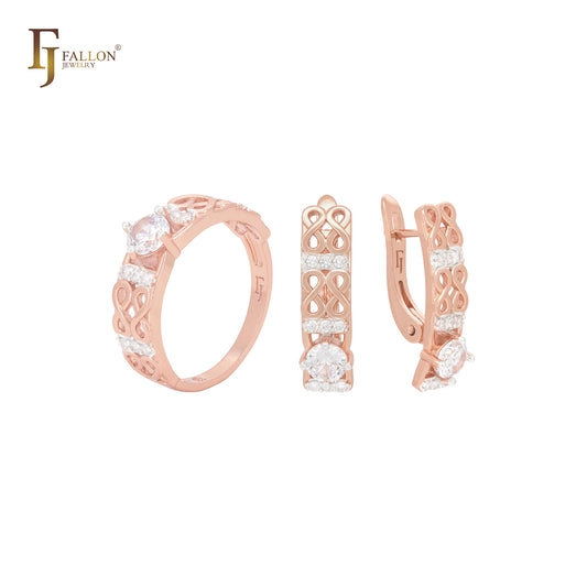 Conjunto de joias de ouro rosa com 8 sinais de infinito duplo e zircônias cúbicas brancas e anéis