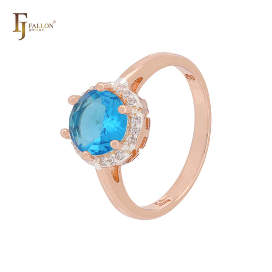 Anéis de noivado grandes, redondos e coloridos, em ouro rosa, com zircônia cúbica, em dois tons, com halo solitário