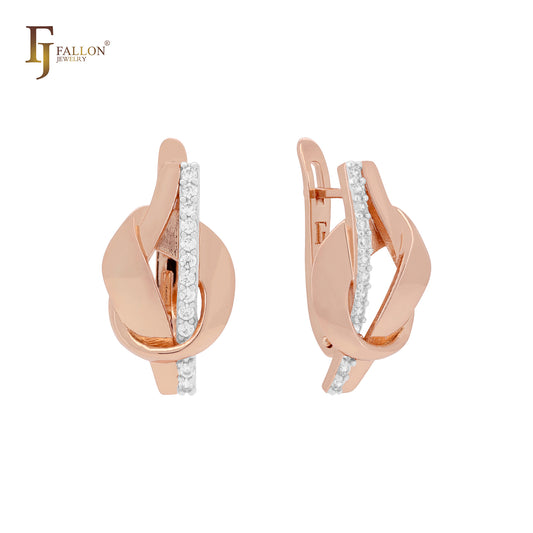 Twtisted crossing white CZs Rose Gold two tone Russian Lock Earrings