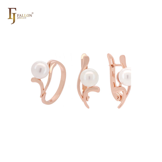 Elegante conjunto de joyas de oro rosa con perlas y anillos