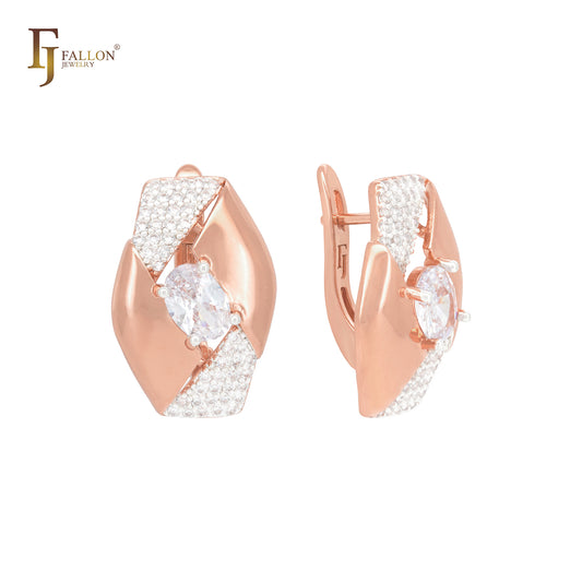 Oval hexagon with solitaire white CZ with Paved white Czs Rose Gold two tone Russian Lock Earrings