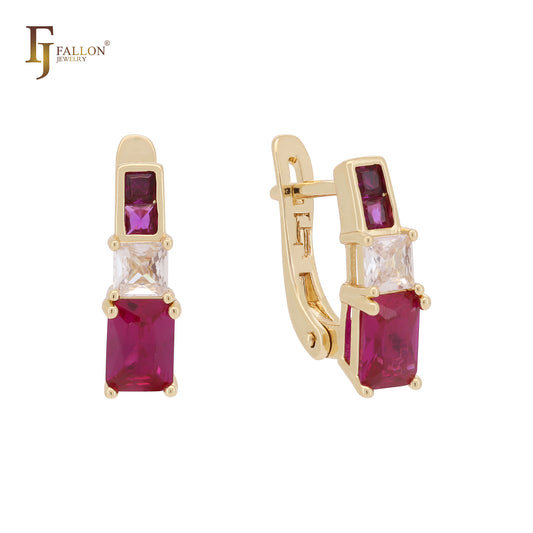 Squared CZs cluster colorful 14K Gold, Rose Gold Russian Lock Earrings