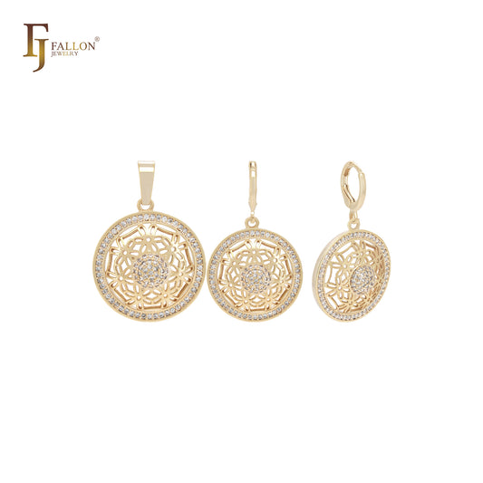 Conjunto de joias de ouro 14K com pingente e flocos de neve em filigrana Halo CZs brancos