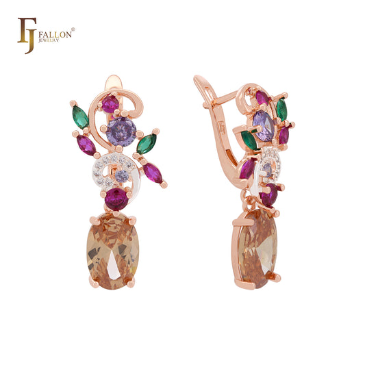 Colorful mixed flower CZs Rose Gold Russian Lock Earrings