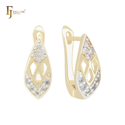 Oval white CZs 14K Gold two tone Russian Lock Earrings