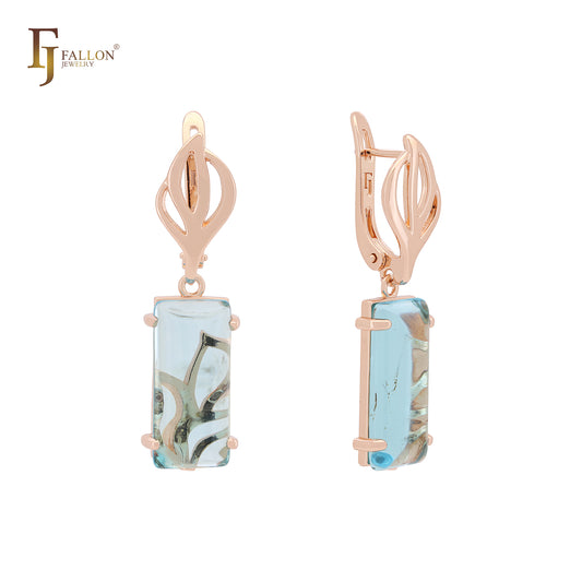 Rounded Squared Rectangular Lake Blue Stone Rose Gold Russian Lock Earrings