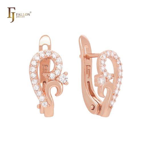 Blooming braches of white CZs Rose Gold Russian Lock Earrings