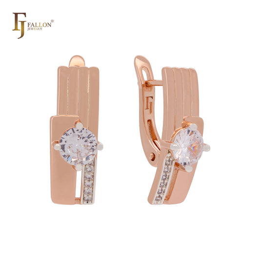 Solitaire rounded white CZ sided with white CZs Rose Gold two tone Russian Lock Earrings