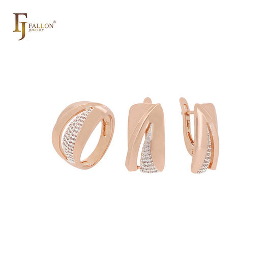 Conjunto de joyas en dos tonos de oro rosa con anillos y cinta de grandes circonitas blancas pavimentadas