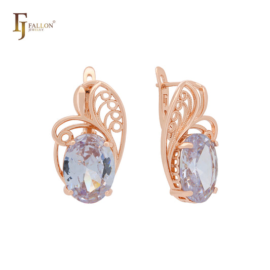 Solitaire Oval wide Colorful CZ Rose Gold Russian Lock Earrings