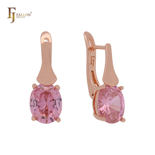Four claws solitaire oval pink CZ Rose Gold Russian Lock Earrings