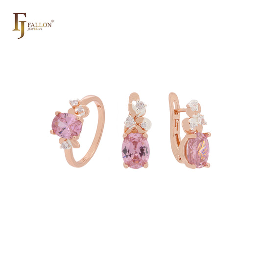 Conjunto de joias Flora oval rosa cz solitário ouro rosa bicolor com anéis
