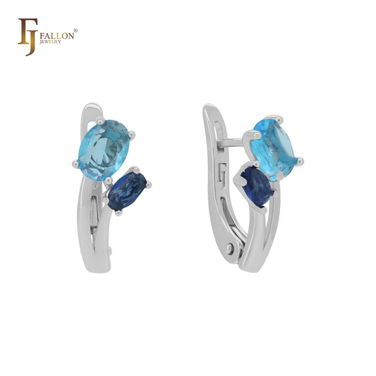 Branch Blooming blue double CZs 14K Gold Russian Lock Earrings