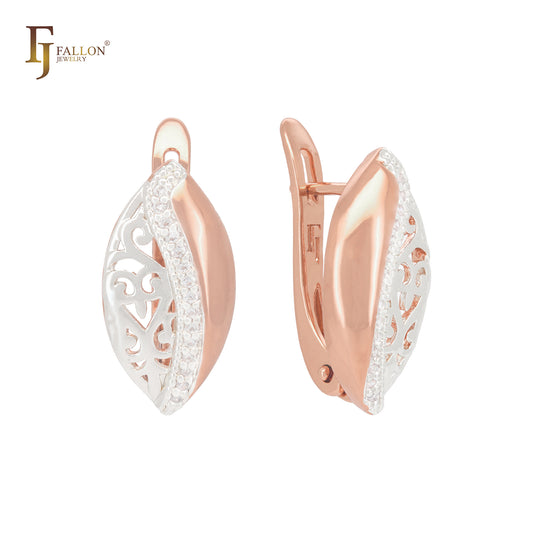 Oval leave split in half white CZs filigree Rose Gold two tone Russian Lock Earrings
