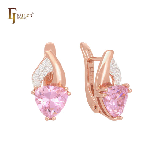 Triangular pinky solitaire CZ with white CZs Rose Gold Russian Lock Earrings